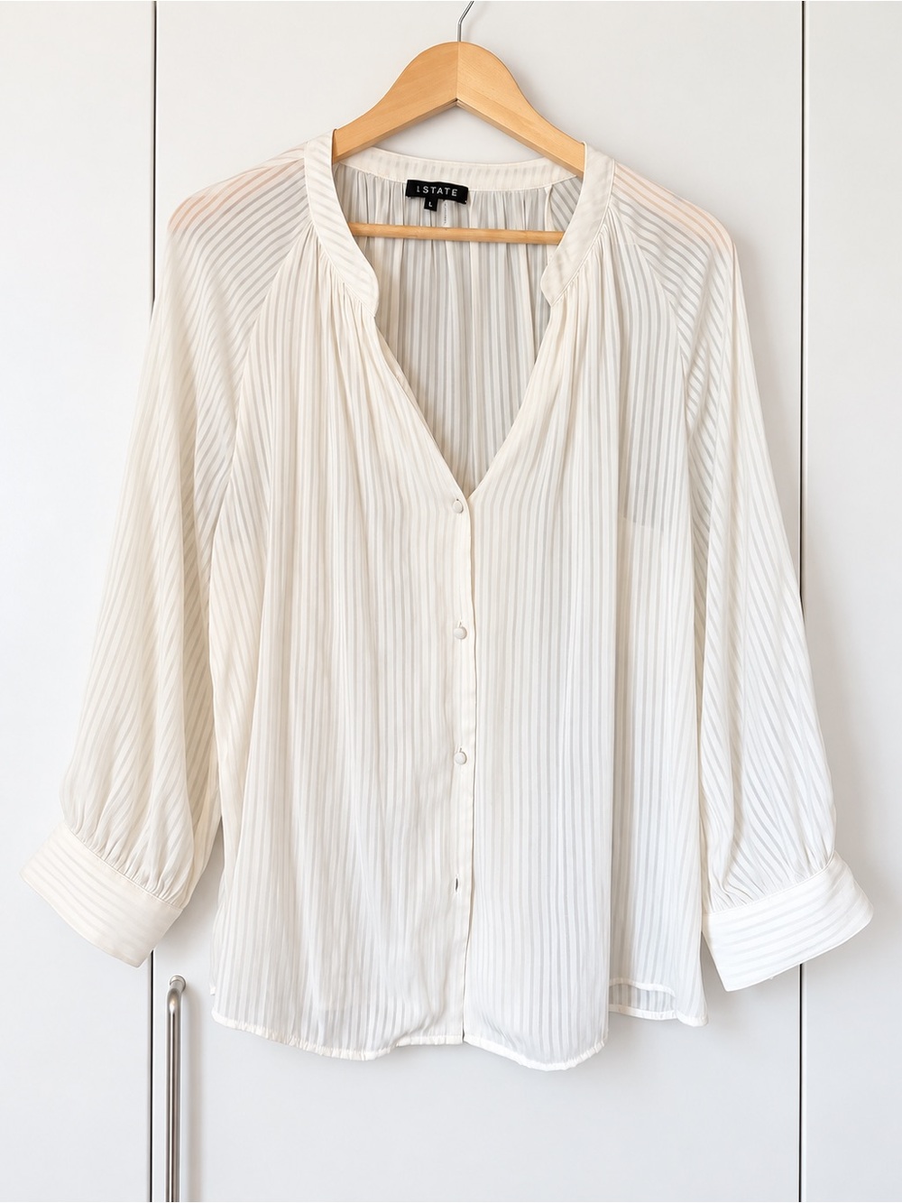 1.STATE Ivory Sheer Tonal Stripe Button Front Blouse Size L